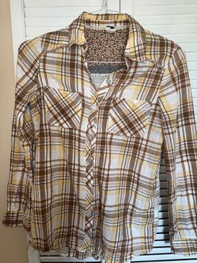 Free People Yellow and Brown Plaid Button-Up Shirt